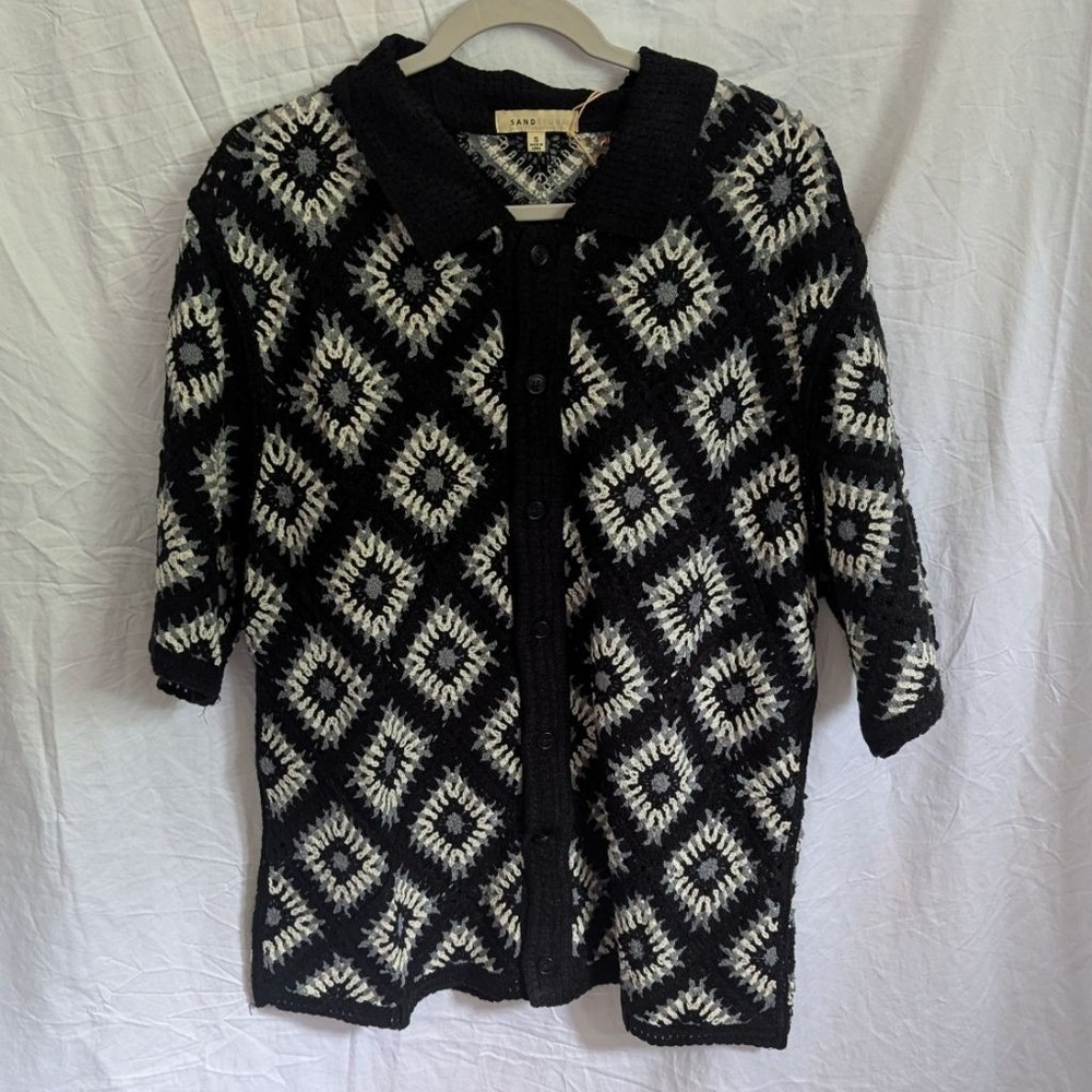 Sandstone Crochet Button Up Short Sleeve Shirt Black Grey Granny Square Mens‎ S